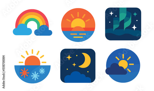 Flat vector icons of seasonal lighting and sky: spring rainbow, summer sunset, autumn golden hour, winter northern lights, sunrise over frost, moonlight with stars, cloudy dusk, clear sky transition.