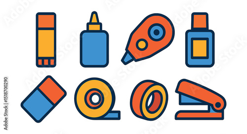 Flat vector icons of adhesives and correction items: glue stick, liquid glue bottle, correction tape, correction fluid, eraser, double-sided tape, washi tape roll, stapler.
