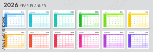 Work planner with 2026 year calendar. Blank schedule grid for daily and monthly agenda. Planner template for 2026 year with rainbow colors. Calender for notes, vector illustration