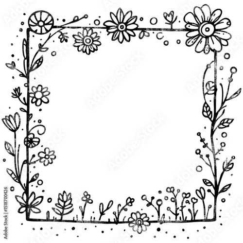 Square Grungy Floral Black Overlay; Page Border; 12x12 PNG Design with a Transparent Background