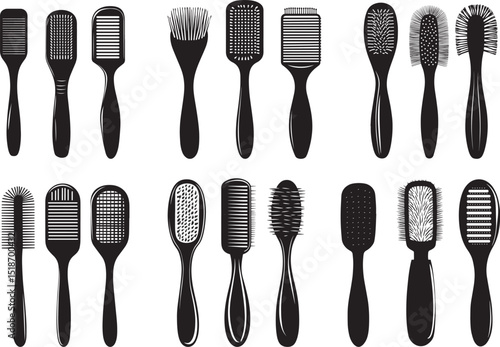Hair brushes combs silhouettes set