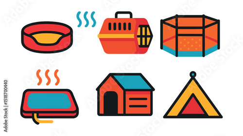 Flat vector icons of pet housing and bedding: pet bed, cozy blanket, pet crate, playpen, heated pad, sleeping pillow, indoor kennel, pet tent.
