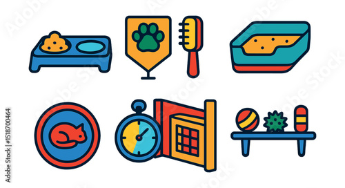 Flat vector icons of pet zone items: food and water station, grooming corner, nap zone sign, litter area marker, pet gate, feeding timer, corner crate setup, enrichment shelf.