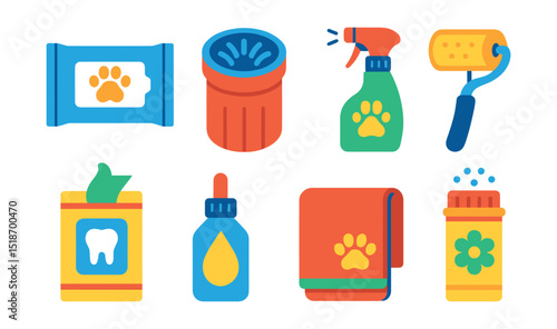 Flat vector icons of pet hygiene supplies: pet wipes, paw cleaner cup, deodorizing spray, shedding roller, dental wipes, tear stain remover, grooming towel, odor-neutralizing powder.