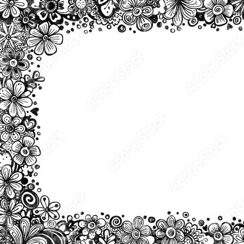 Square Grungy Floral Black Overlay; Page Border; 12x12 PNG Design with a Transparent Background
