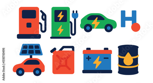 Flat vector icons of fuel and energy sources: gas pump, electric charging station, hybrid car icon, hydrogen fuel symbol, solar panel vehicle, diesel fuel can, EV battery, oil barrel.