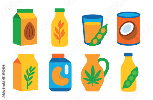 Flat vector icons of plant-based milk: almond milk carton, oat milk bottle, soy milk glass, coconut milk can, rice milk pack, cashew milk container, hemp milk jug, pea milk bottle.