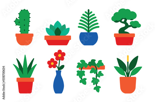 Flat vector icons of indoor potted plants: cactus in pot, succulent planter, fern in ceramic pot, bonsai tree, aloe vera pot, orchid in vase, ivy trailing from shelf, peace lily in planter.