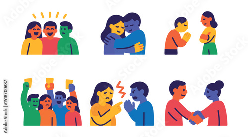 Flat vector icons of social emotional context scenes: group laughter, comforting hug, apology gesture, ignoring someone, celebration cheer, argument stance, group empathy, mutual agreement handshake.