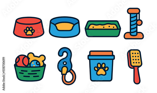 Flat vector icons of pet-related household items: pet bowl, pet bed, litter box, scratching post, pet toy basket, leash hook, pet food container, grooming brush.