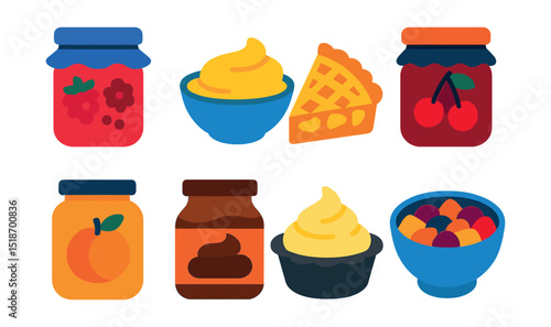Flat vector icons of fruit preserves and fillings: raspberry jam jar, lemon curd bowl, apple pie filling, cherry preserves, apricot jam, chocolate spread, custard filling, fruit compote.