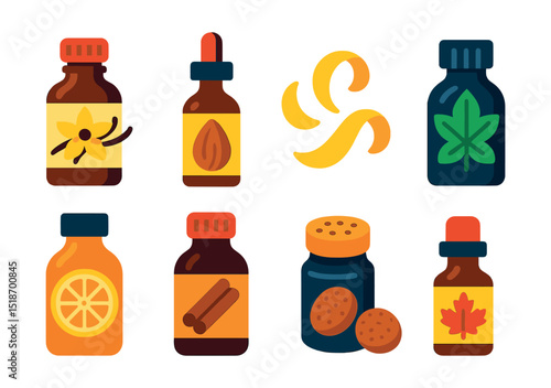 Flat vector icons of flavorings and extracts: vanilla extract bottle, almond extract dropper, lemon zest, peppermint essence, orange extract, cinnamon bottle, nutmeg shaker, maple flavoring vial.