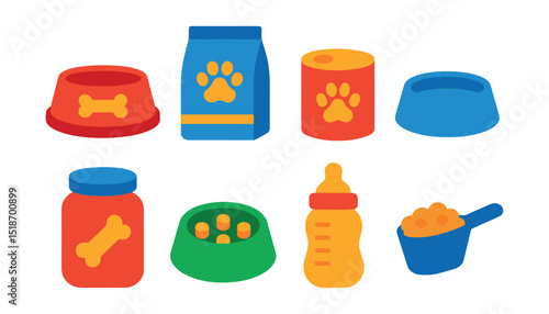 Flat vector icons of pet food and feeding: pet food bowl, kibble bag, canned pet food, water bowl, treat jar, slow feeder, pet formula bottle, food measuring scoop.