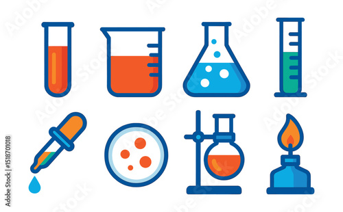 Flat vector icons of laboratory equipment: test tube, beaker, flask, graduated cylinder, pipette, petri dish, lab stand, Bunsen burner.