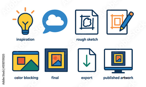 Flat vector icons of creative process steps: inspiration icon, brainstorm bubble, rough sketch, refining lines, color blocking, final detail, export symbol, published artwork.