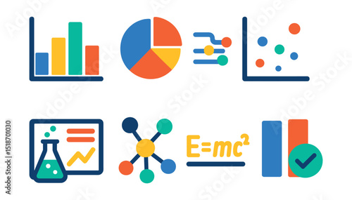 Flat vector icons of scientific data visualization: bar graph, pie chart, data stream, scatter plot, lab dashboard, connected nodes, scientific equation, result comparison.