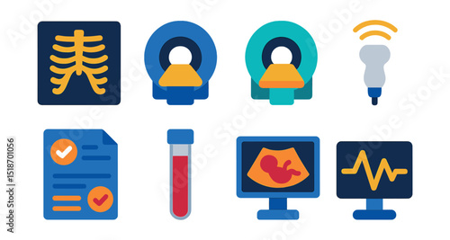 Flat vector icons of medical diagnostics: X-ray image, CT scanner, MRI machine, ultrasound probe, test result sheet, blood test tube, diagnostic screen, ECG monitor.
