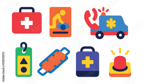 Flat vector icons of emergency response: first aid kit, CPR instruction card, emergency hotline, ambulance icon, triage tag, rescue stretcher, trauma care bag, emergency alert button.