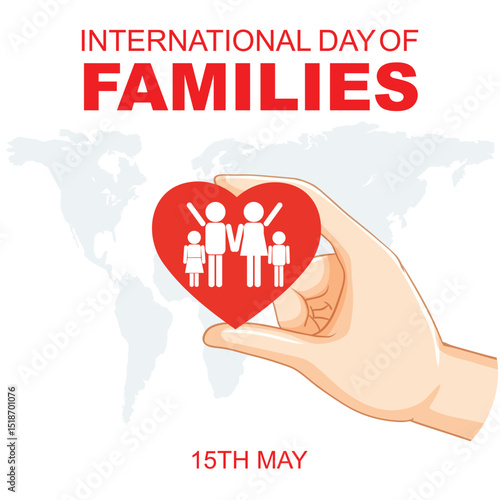 International Families day. 15th May International Families day celebration cove banner with Family of four: Mother, father, son, daughter. Embracing Diversity, Strengthening Families awareness banner