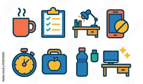 Flat vector icons of workplace habits and routines: morning coffee, daily agenda, desk tidy, phone on silent, break timer, lunchbox, water bottle, clean workspace.