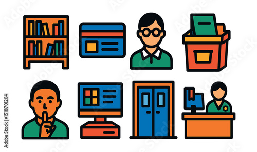 Flat vector icons of library elements: bookshelf, library card, book return bin, librarian icon, catalog computer, library door, quiet sign, checkout desk.