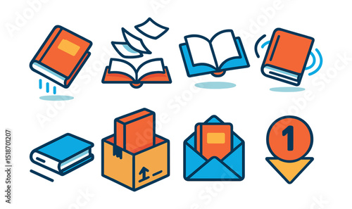 Flat vector icons of books in motion: falling book, flying pages, book flipping open, spinning book, sliding book on shelf, book delivery box, opened envelope with book, animated chapter marker.