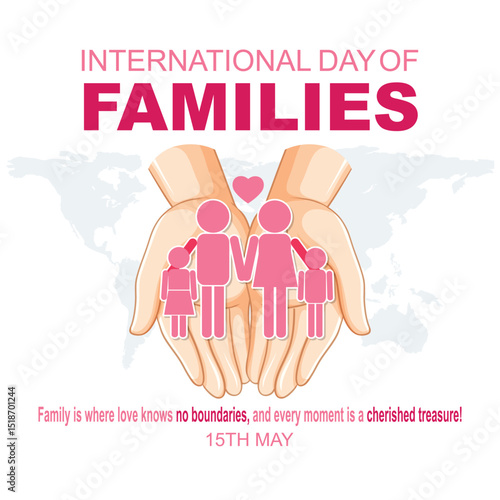 International Families day. 15th May International Families day celebration cove banner with Family of four: Mother, father, son, daughter. Embracing Diversity, Strengthening Families awareness banner