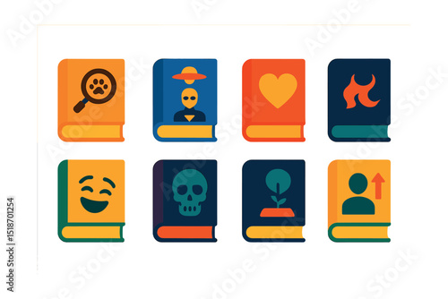 Flat vector icons of book genres and moods: cozy mystery, dystopian sci-fi, heartwarming romance, dark fantasy, lighthearted comedy, deep philosophy, spine-chilling horror, inspiring memoir.
