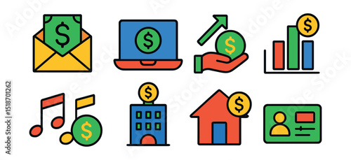 Flat vector icons of income sources: salary envelope, freelance pay, investment return, dividend chart, gig pay icon, interest income, rental income, pension icon.