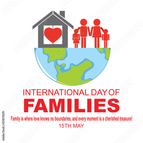 International Families day. 15th May International Families day celebration cove banner with Family of four: Mother, father, son, daughter. Embracing Diversity, Strengthening Families awareness banner