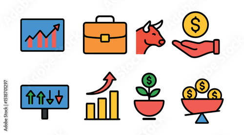Flat vector icons of investing and stocks: stock market chart, portfolio briefcase, bull and bear, dividend payout, stock ticker, investment growth, mutual fund, risk analysis.