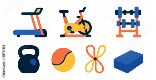 Flat vector icons of indoor fitness equipment: treadmill, stationary bike, rowing machine, dumbbell rack, kettlebell, medicine ball, resistance bands, yoga block.