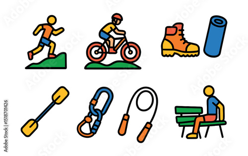 Flat vector icons of outdoor fitness activities: trail running, mountain biking, hiking boots, outdoor yoga mat, kayaking paddle, climbing gear, jump rope outside, park bench workout.