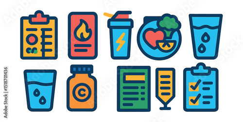 Flat vector icons of nutrition and diet tracking: meal planner, calorie counter, protein shake, vitamin bottle, healthy plate, water intake glass, nutrition label, diet checklist.