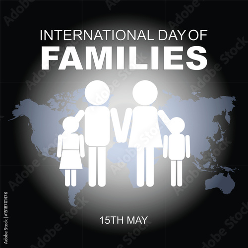 International Families day. 15th May International Families day celebration cove banner with Family of four: Mother, father, son, daughter. Embracing Diversity, Strengthening Families awareness banner