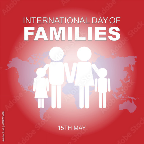 International Families day. 15th May International Families day celebration cove banner with Family of four: Mother, father, son, daughter. Embracing Diversity, Strengthening Families awareness banner