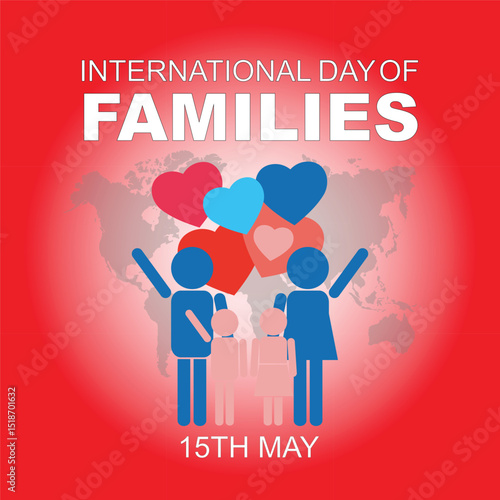 International Families day. 15th May International Families day celebration cove banner with Family of four: Mother, father, son, daughter. Embracing Diversity, Strengthening Families awareness banner