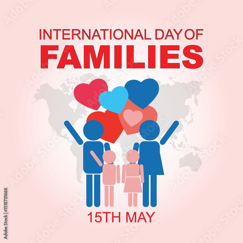 International Families day. 15th May International Families day celebration cove banner with Family of four: Mother, father, son, daughter. Embracing Diversity, Strengthening Families awareness banner