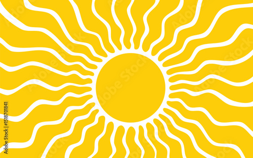 Yellow sun with wavy rays background. Poster with sunburst, sunrise or sunset in trendy 60 s 70s 80s groovy style. Preppy summer theme background. Modern psychedelic print. Vector flat illustration.