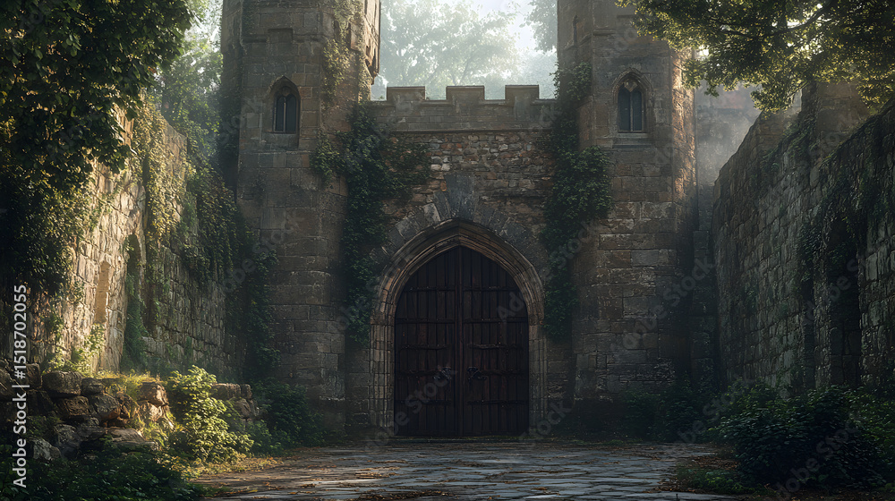 Fototapeta premium medieval castle gate with heavy wooden doors, towering stone walls, surrounded by lush greenery, inviting to step into history
