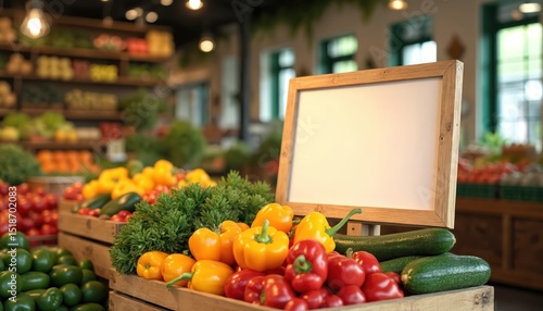 Interior greengrocer shop with fresh vegetables, fruits. Wooden frame poster mock-up, copy space for promo. Healthy organic food, market stall with tomatoes, bell peppers, zucchini, lettuce, apples,