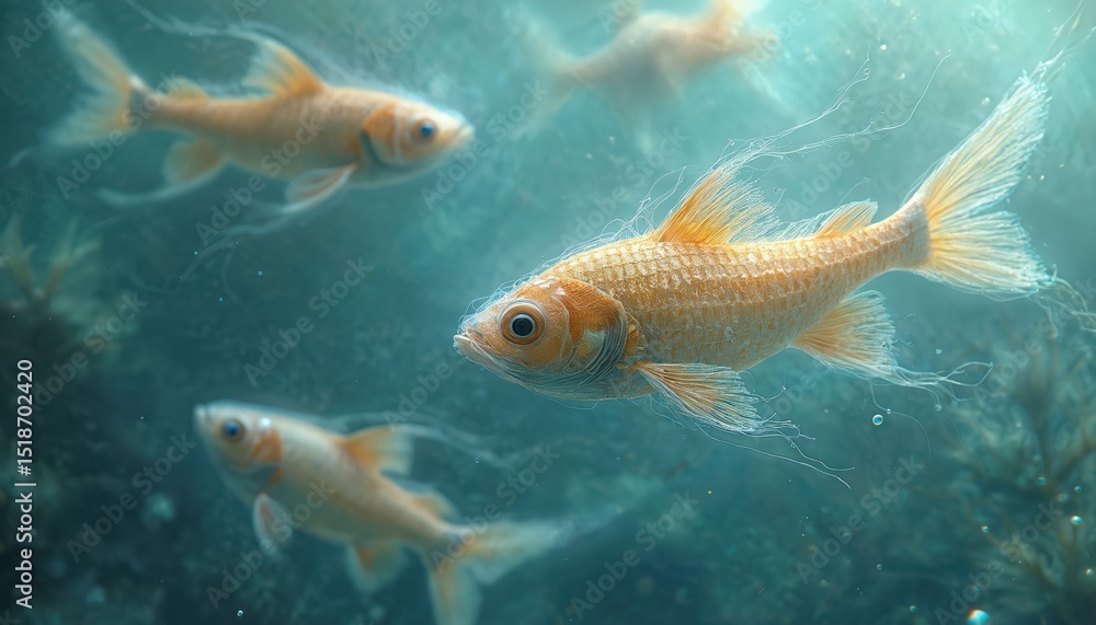 Ethereal underwater illustration featuring fish, nets, swirling abstract patterns. Golden fish swim in dreamy aquatic scene. Moody colours, dynamic composition. Nature, marine life, aquatic Ethereal underwater illustration featuring fish, nets, swirling abstract patterns. Golden fish swim in dreamy aquatic scene. Moody colours, dynamic composition. Nature, marine life, aquatic