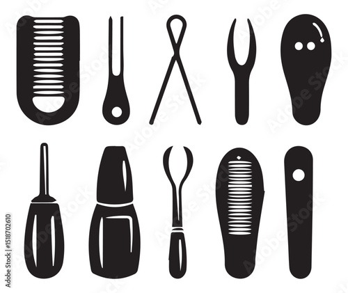 Nail care solid icon set – filled style for salon, beauty, and spa: nail file, bobby pin, toe separator, nail clipper, nail polish, pumice stone, uv lamp, buffer