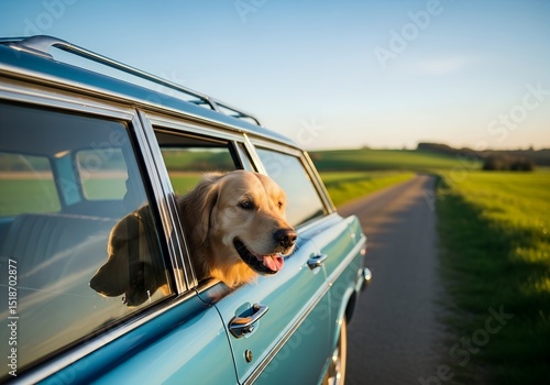 Golden retriever enjoying a car ride with its head out the window