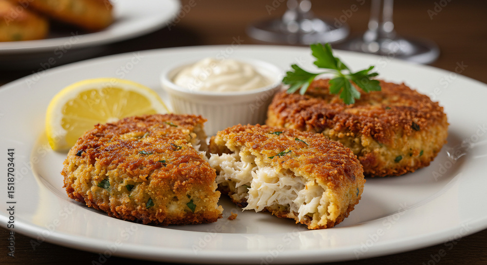 Golden crab cakes with flaky interior and dipping sauce, plated with finesse in a high-end seafood bistro. Golden crab cakes with flaky interior and dipping sauce, plated with finesse in a high-end seafood bistro.