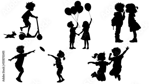 Stylish silhouette set of kids playing together with pets and toys