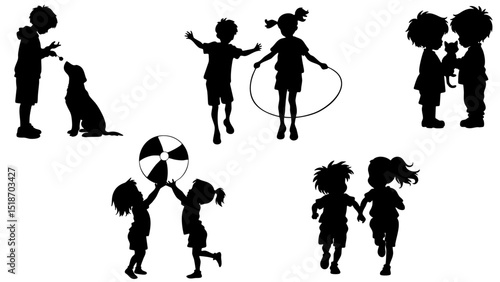 Stylish silhouette set of kids playing together with pets and toys