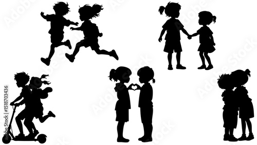 Stylish Silhouette Set of Kids Playing Together