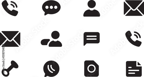 Black and White Communication and Contact Icons Vector Set for Digital and Print Media Designs