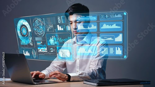 AI Artificial Intelligence technology for data analysis, research, planning, and work generate. Man uses a laptop and AI assistant dashboard. motion video.